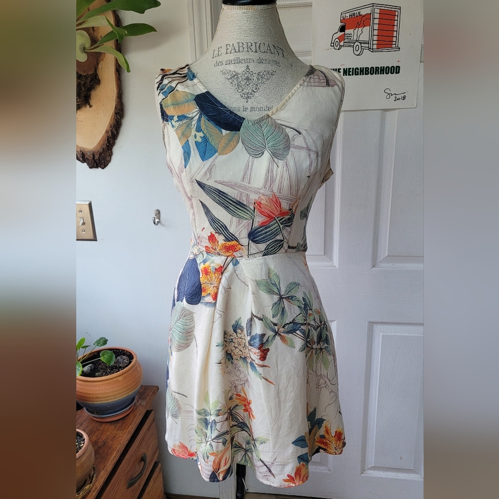 eShakti Tropical Floral Open Back Mini Dress Cream Cotton Size 8